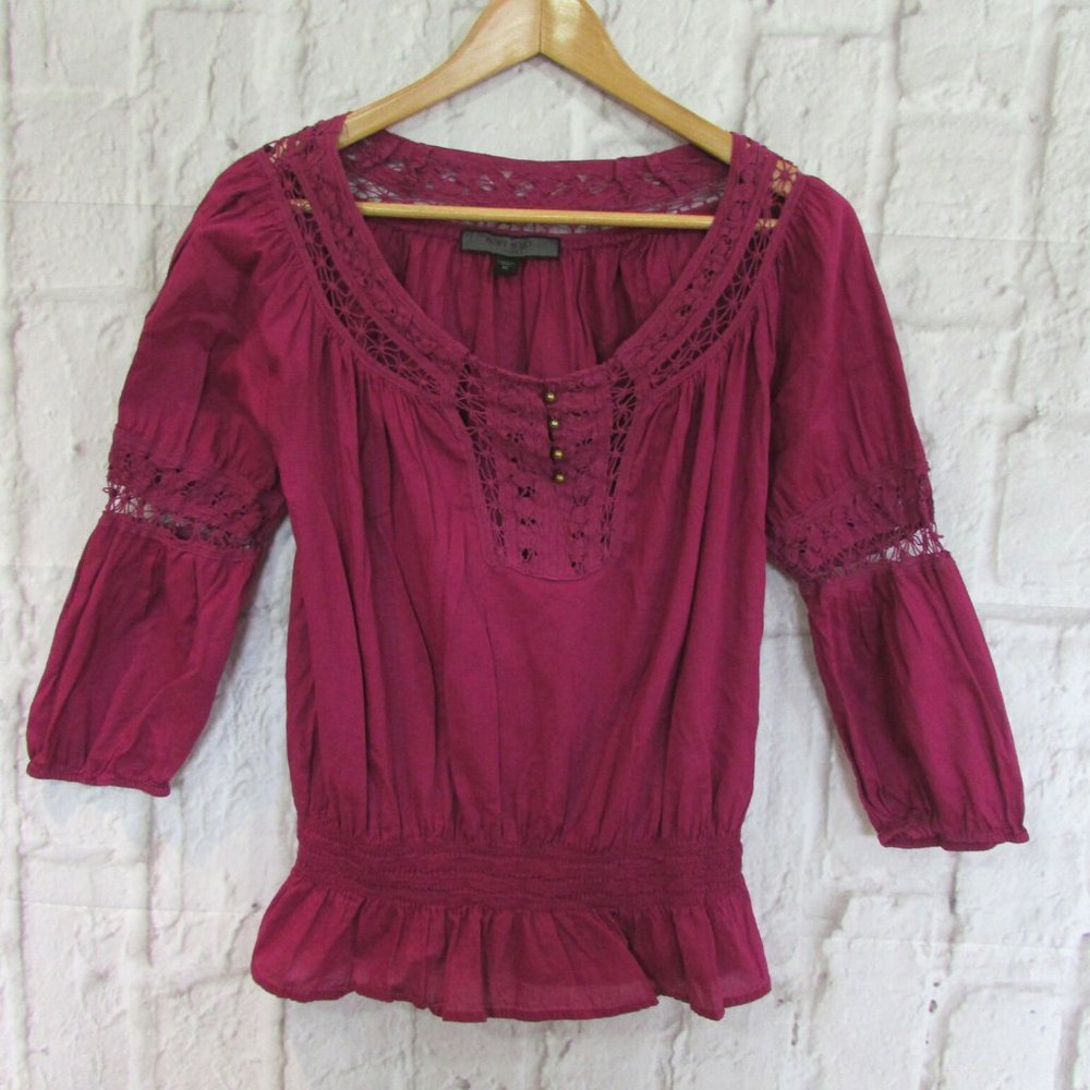 Nine West Jeans Hippie Peasant Blouse Shirt Top Blouson Purple Plum Lace M